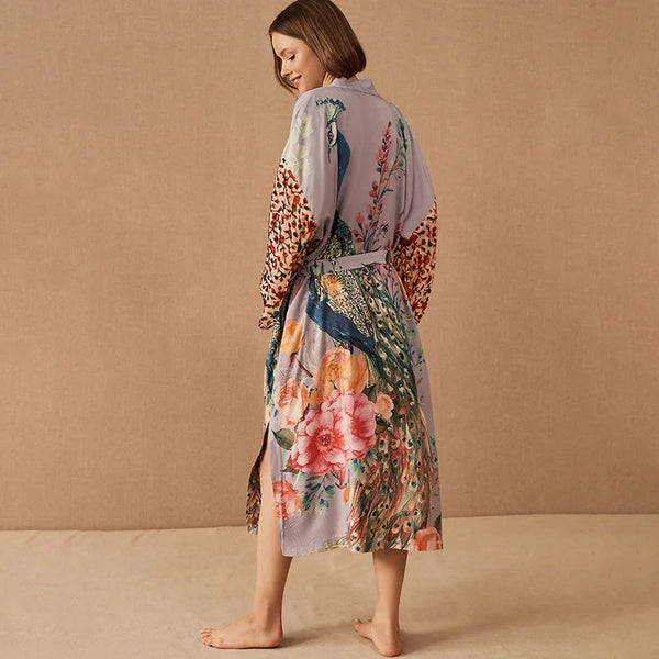 Floral Print Bohemian v Neck Batwing Sleeves Robe Kimono