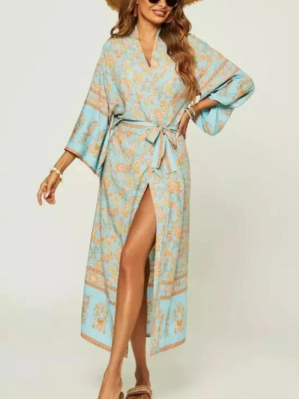 Blue Floral Print Bohemian Kimono Lady v Neck Batwing Sleeves Beach Boho Maxi